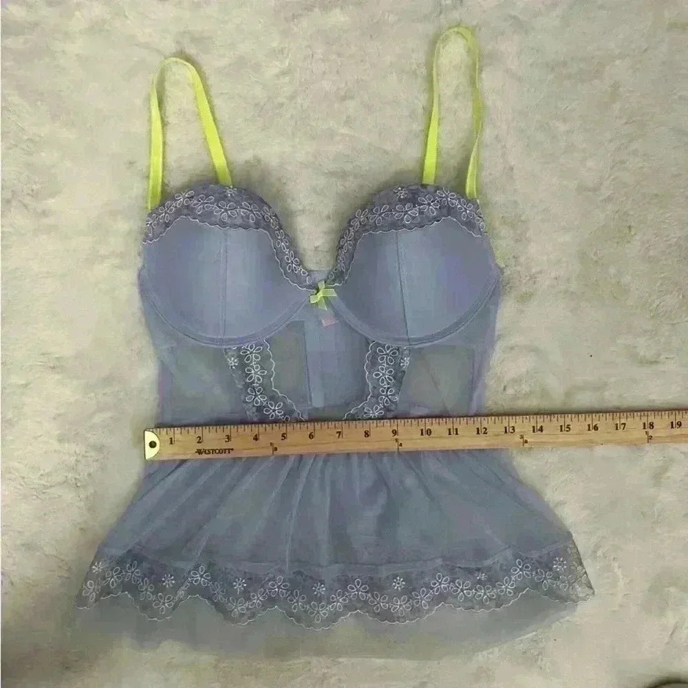 Victoria's Secret Fairycore Babydoll Embroidered Teddy Chemise Lingerie Blue - Picture 5 of 12